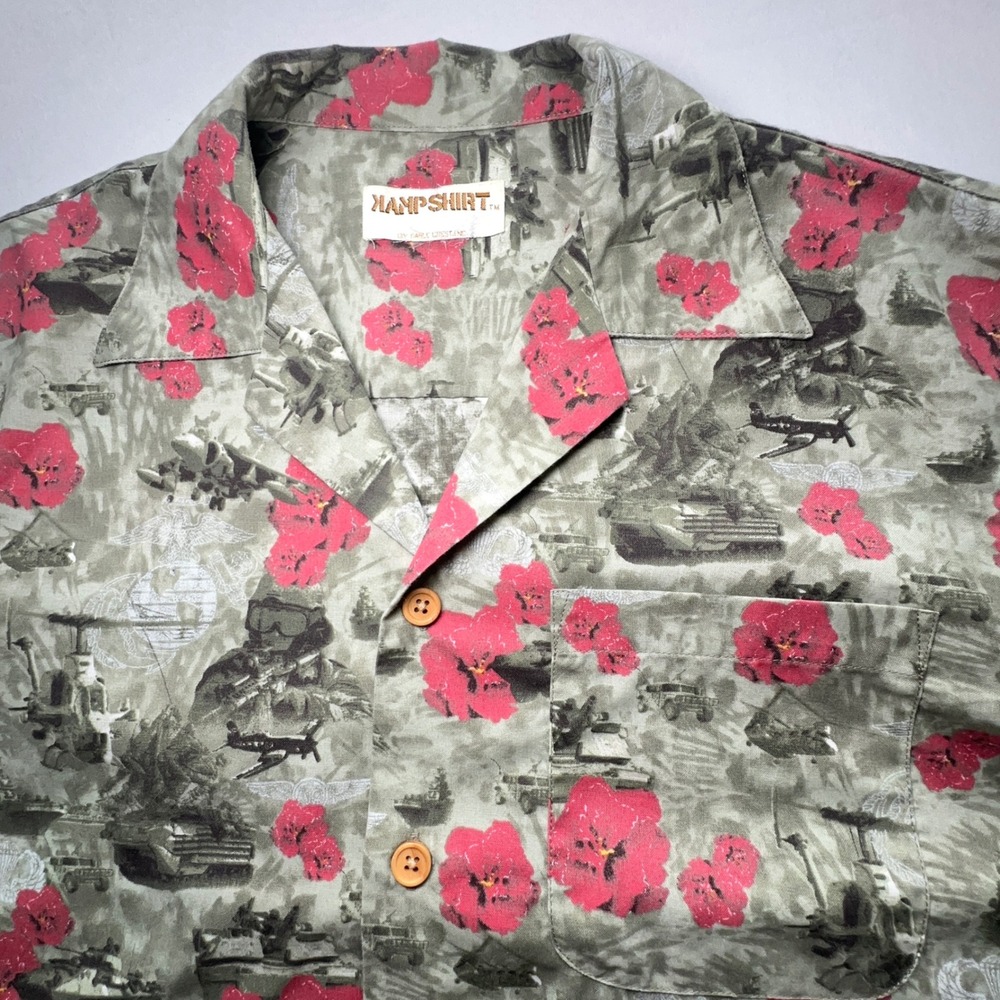 Vtg Kampshirt Hawaiian Shirt Mens XL Military Floral Camo Army War Print Cotton